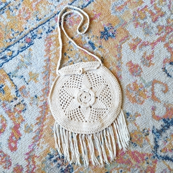Handmade Bohemian Floral Woven Crochet Tassel Trim Circle Crossbody Bag Cream S - Picture 1 of 10